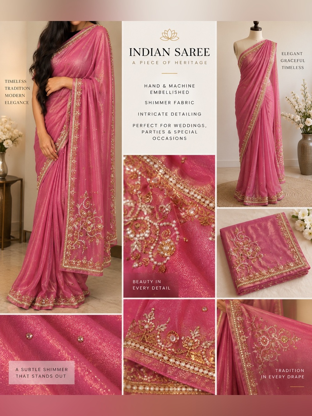 Indian Pink Embellished Saree + Blouse Gold Embroidery Wedding Party